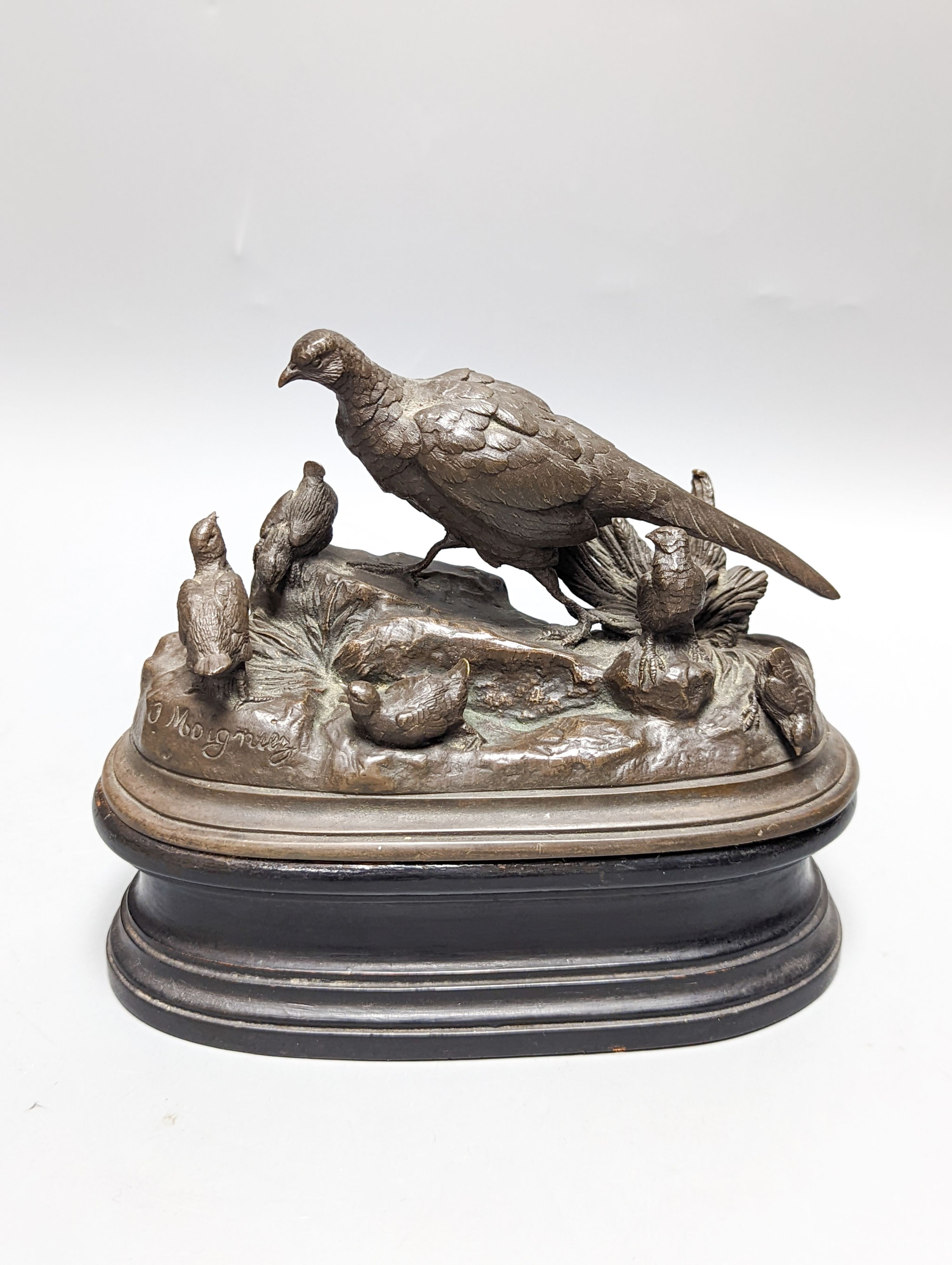 After Moigniez, a pair of early 20th century bronze bird groups of pheasants and partridges 18cm